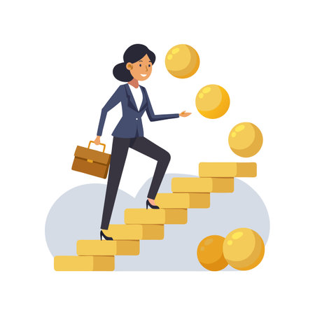 Businesswoman Climbing Golden Steps to Success with Career Growth and Opportunityのイラスト素材
