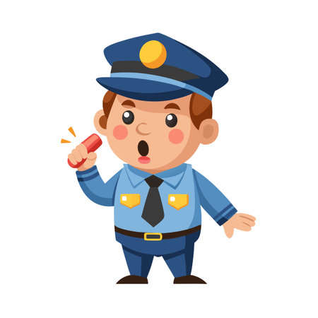 Cartoon policeman shouting into a red megaphone on a white background, isolatedのイラスト素材