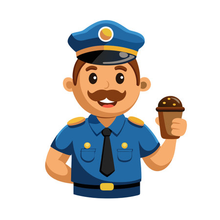 Cartoon Policeman Holding Coffee, Symbolizing Community Engagement and Approachability in Law Enforcement Servicesのイラスト素材
