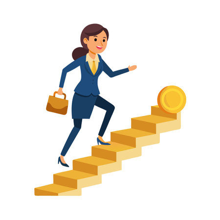 Businesswoman Climbing Stairs Towards Financial Success, Represented by a Coin at the Topのイラスト素材