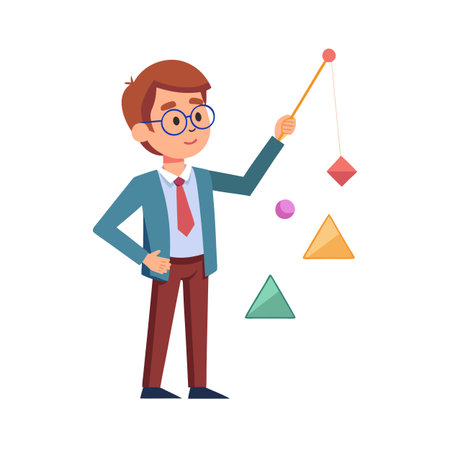 Man with pointer presenting floating geometric shapes in educational cartoon style illustrationのイラスト素材