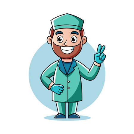 Cartoon doctor giving peace sign against a clean light blue backgroundのイラスト素材