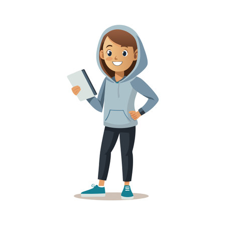 Cartoon woman in hoodie holding tablet and smiling, isolated on white backgroundのイラスト素材