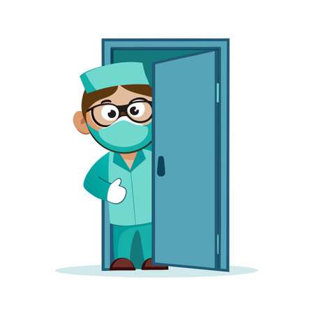Cartoon doctor gesturing thumbs up from behind an open blue door in a clinicのイラスト素材