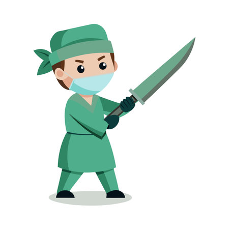 Humorous doctor character holding a large surgical scalpel poised to strikeのイラスト素材