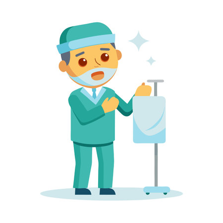 Worried doctor character in scrubs with IV drip, vector illustration on white backgroundのイラスト素材