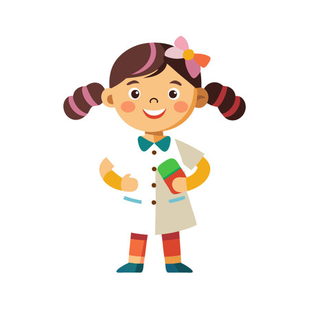 Cartoon Girl in Doctor Costume Holding Medicine on a White Backgroundのイラスト素材