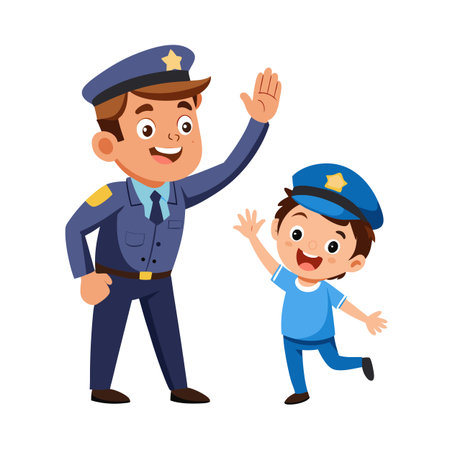 Cartoon Policeman and Child Waving: Community Policing and Positive Relationships Illustrationのイラスト素材