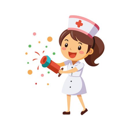 Celebrating Healthcare: Cartoon Nurse with Confetti Popper in Flat Vector Illustrationのイラスト素材