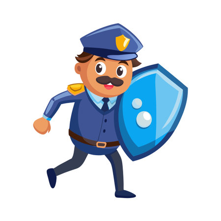 Cartoon policeman running with shield vector illustration on isolated white backgroundのイラスト素材