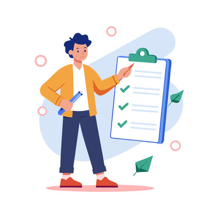 Man reviewing a checklist on a clipboard, isolated on a white background illustrationのイラスト素材