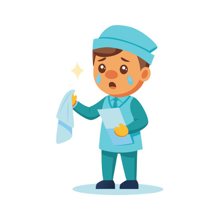 Cartoon doctor in scrubs crying with a tissue and medical chart illustrationのイラスト素材