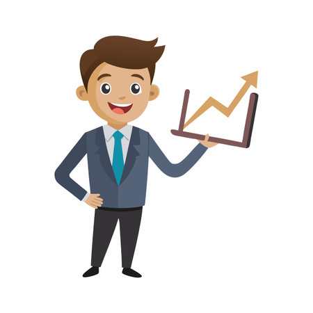 Business success concept: Businessman with a positive growth chart presenting financial achievements.のイラスト素材