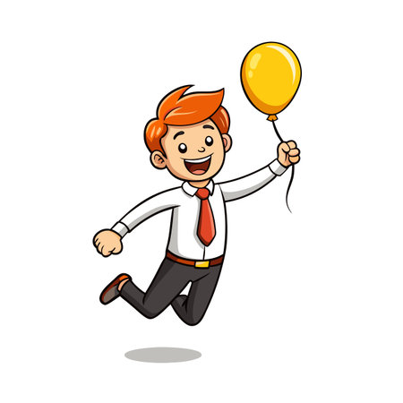 Cartoon Businessman Leaping with Joy Holding a Yellow Balloon Against a White Backgroundのイラスト素材