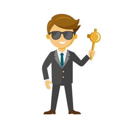 Confident businessman in a suit holding a golden key to success or opportunityのイラスト素材