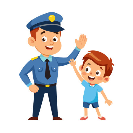 Cartoon policeman giving a high five to a happy young boy on white backgroundのイラスト素材