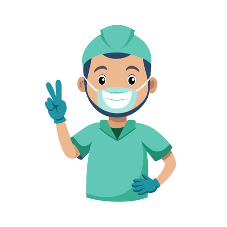 Friendly cartoon doctor wearing mask and surgical cap making peace sign isolated on whiteのイラスト素材