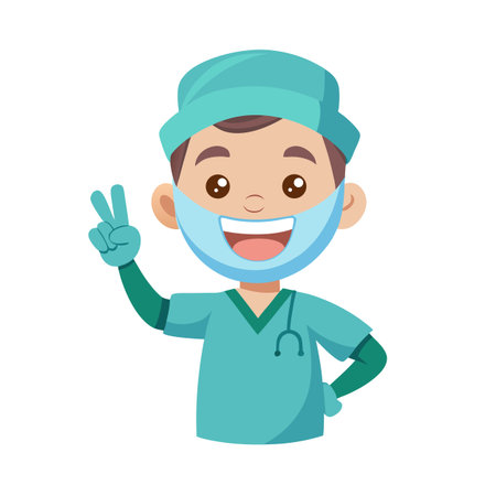 Cheerful cartoon doctor making peace sign, isolated against white background, promoting healthのイラスト素材