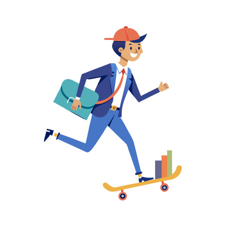 Businessman rides skateboard with graph, racing towards success with briefcase for office workのイラスト素材
