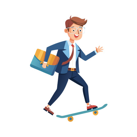 Cheerful Businessman on Skateboard with Briefcase: Modern Commute Concept Illustrationのイラスト素材