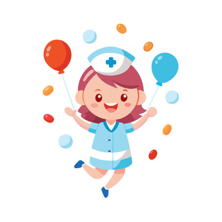 Cheerful cartoon nurse holding balloons amidst floating spheres and oblong shapes on a white backgroundのイラスト素材