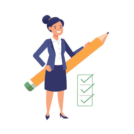 Confident businesswoman with oversized pencil standing next to completed checklist, flat vector illustrationのイラスト素材