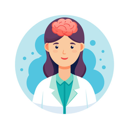 Cartoon style image of female doctor with brain concept inside a circular frameのイラスト素材