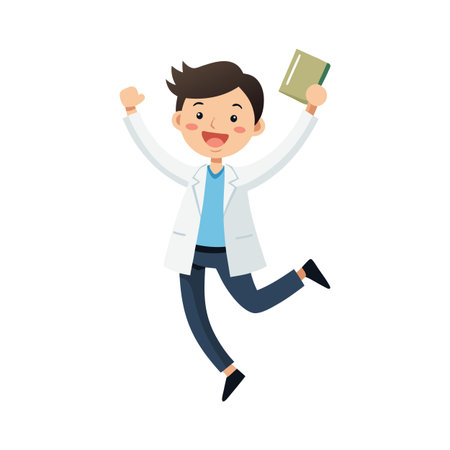 Excited cartoon doctor jumping with book celebrates medical breakthrough with cheerful expressionのイラスト素材