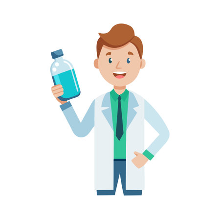 Smiling cartoon doctor holding a bottle of blue liquid, medical research and developmentのイラスト素材