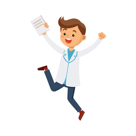 Cheerful cartoon doctor jumps with joy holding medical test results, isolated on white backgroundのイラスト素材