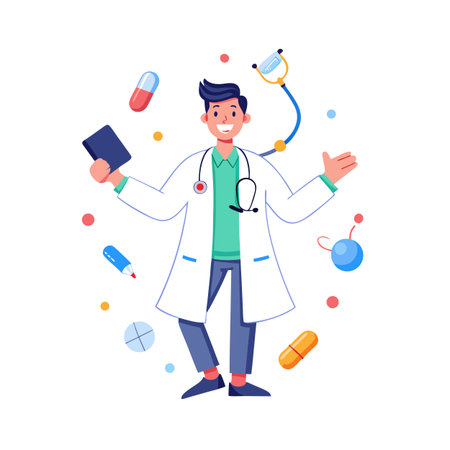 Friendly cartoon doctor with medical equipment and colorful pills floating around him on a white backgroundのイラスト素材