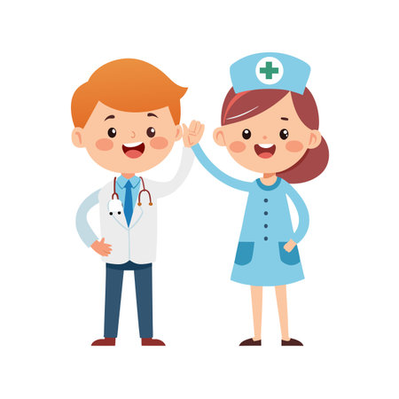 Friendly Cartoon Doctor and Nurse Giving High Five, Isolated on White Backgroundのイラスト素材