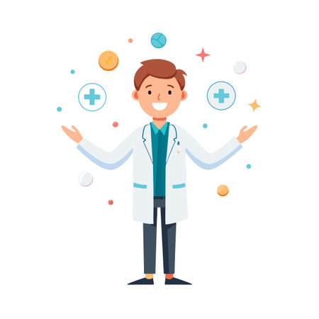 Friendly male doctor with outstretched arms surrounded by colorful medical elements, promoting healthcareのイラスト素材