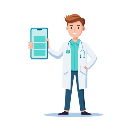 Cartoon doctor showing information on his phone wearing his white medical gownのイラスト素材