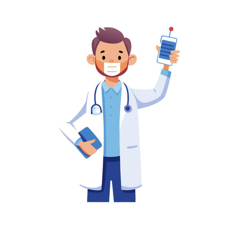 Friendly doctor holding medical device and folder ready to help patients during consultationのイラスト素材