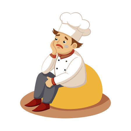 Sad Cartoon Chef Sitting on Dough Pillow Reflecting on Career Choicesのイラスト素材