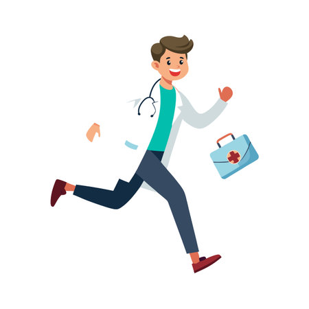 Cartoon doctor running urgently with medical bag towards emergency situation for medical helpのイラスト素材