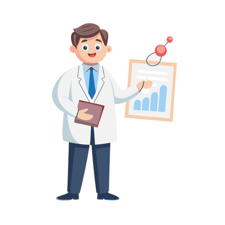 Scientist presenting data chart with increasing graph, illustration on white backgroundのイラスト素材