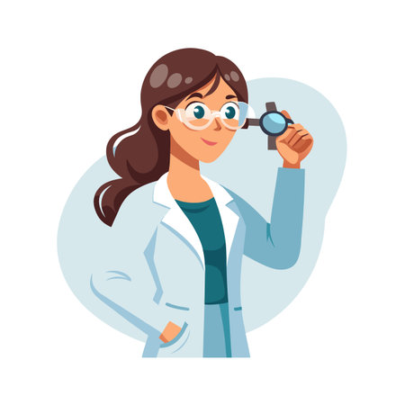 Female scientist in lab coat examining through magnifier glass for science or medical conceptのイラスト素材