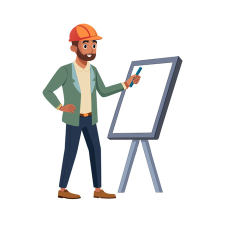 Construction worker presenting information on a blank whiteboard, suitable for project updates and planningのイラスト素材