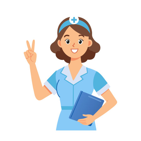 Smiling nurse making a peace sign gesture holding medical records in a flat illustration styleのイラスト素材