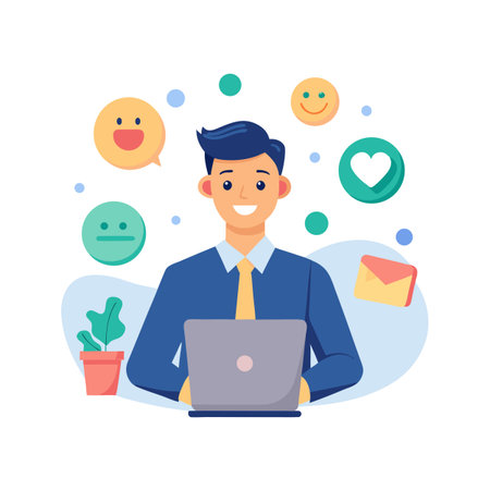 Flat illustration of smiling businessman using laptop surrounded by social media icons and plantのイラスト素材
