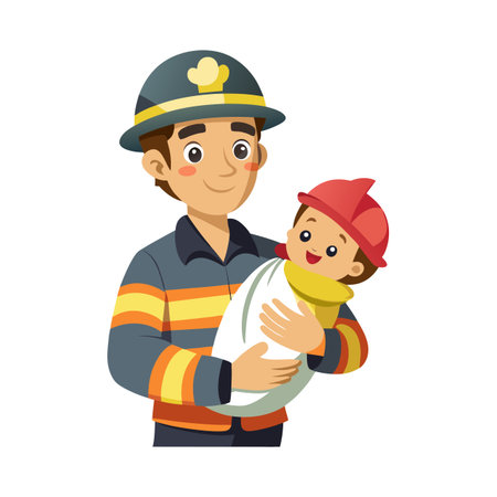 Cartoon firefighter holding a baby wrapped in a blanket, isolated on white backdropのイラスト素材