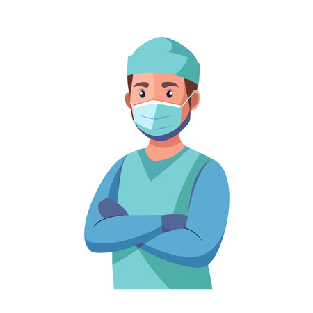 Medical professional in scrubs wearing a surgical mask with arms crossed studio shotのイラスト素材