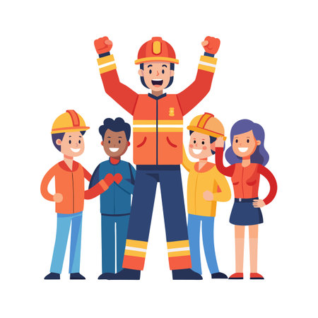 Diverse Group of People with a Firefighter Celebrating Together in Cartoon Styleのイラスト素材