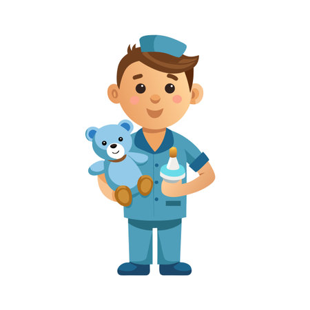 Cute cartoon medic with teddy bear and baby bottle on white backgroundのイラスト素材