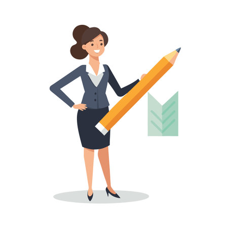 Businesswoman with Oversized Pencil Planning and Strategizing for Success in a Flat Designのイラスト素材