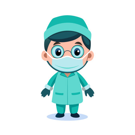 Cartoon doctor character in surgical scrubs and mask standing against white background.のイラスト素材