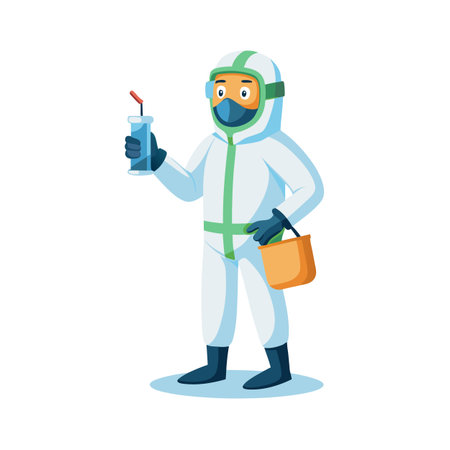 Cartoon-style worker in hazmat suit holding a spray can and bucket on white backgroundのイラスト素材