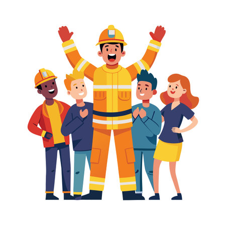 Enthusiastic Firefighter Stands Tall Among a Group of Diverse People, Smilingのイラスト素材